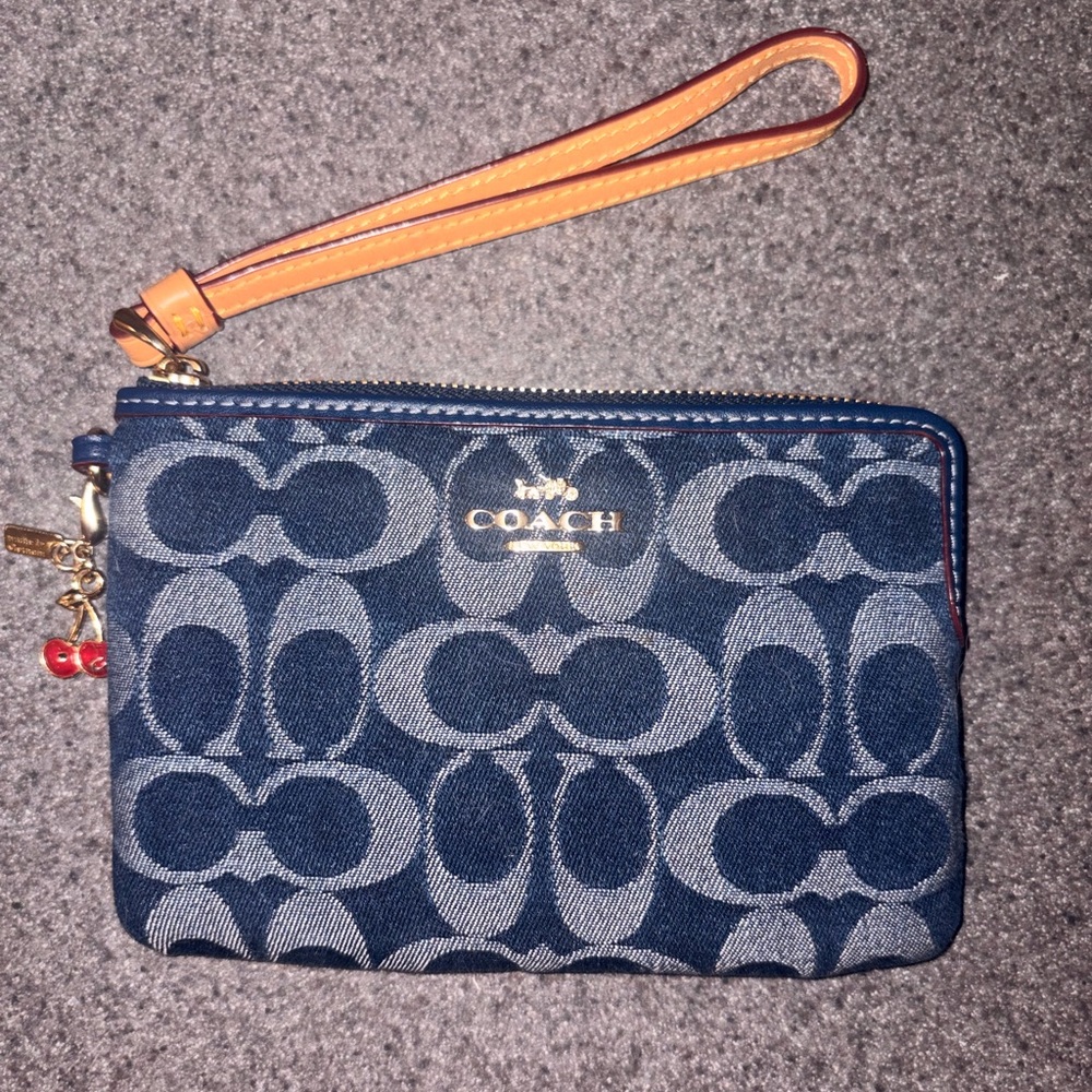 Coach Outlet corner zip wristlet denim signature with cherry charm